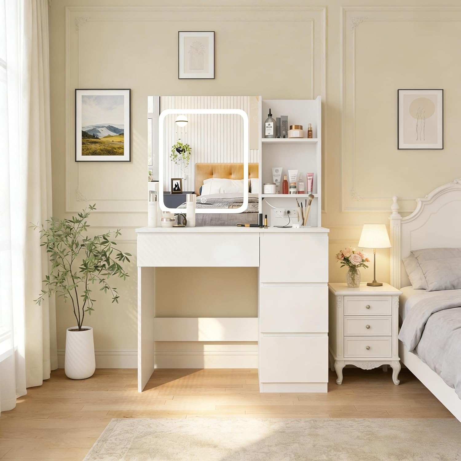 Desk Vanity Setup - Make Up Vanity Desk with Charging