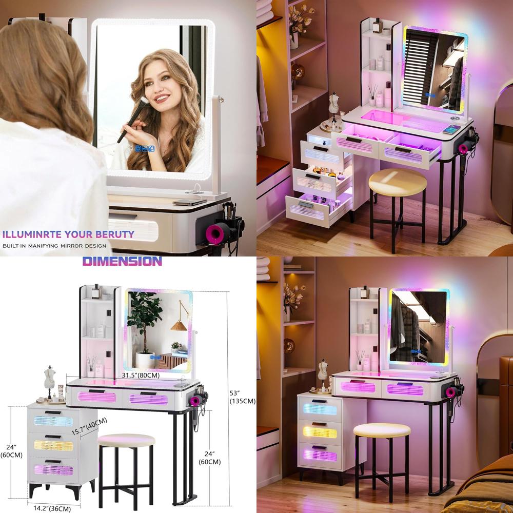 Desk Vanity Setup - Makeup Vanity Desk with WirelCharging Station,