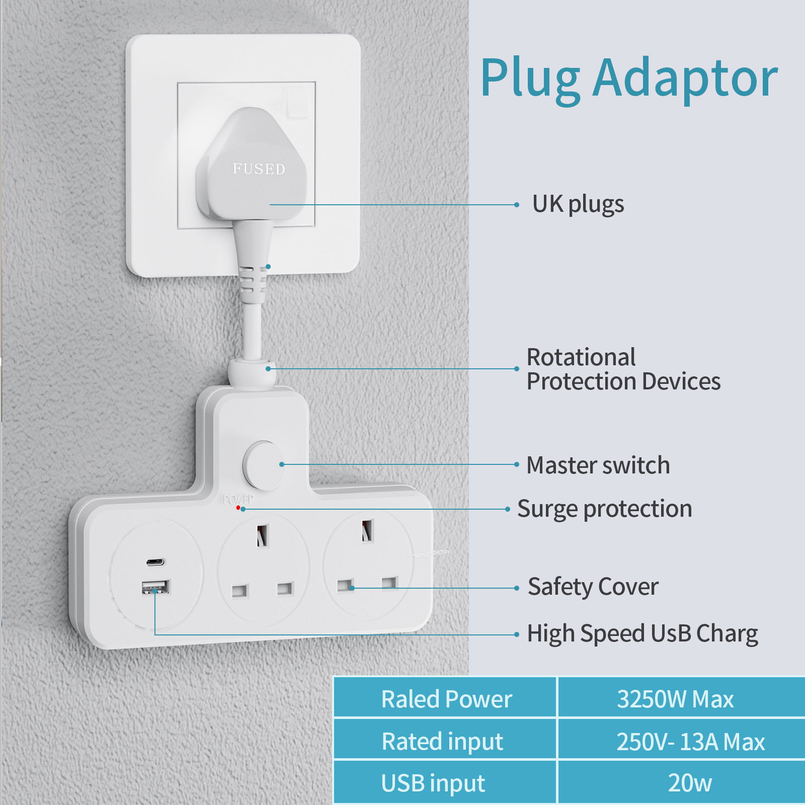 UK Power Plug Wall Outlet 13A  - Power Strip Flat recensie en prijs