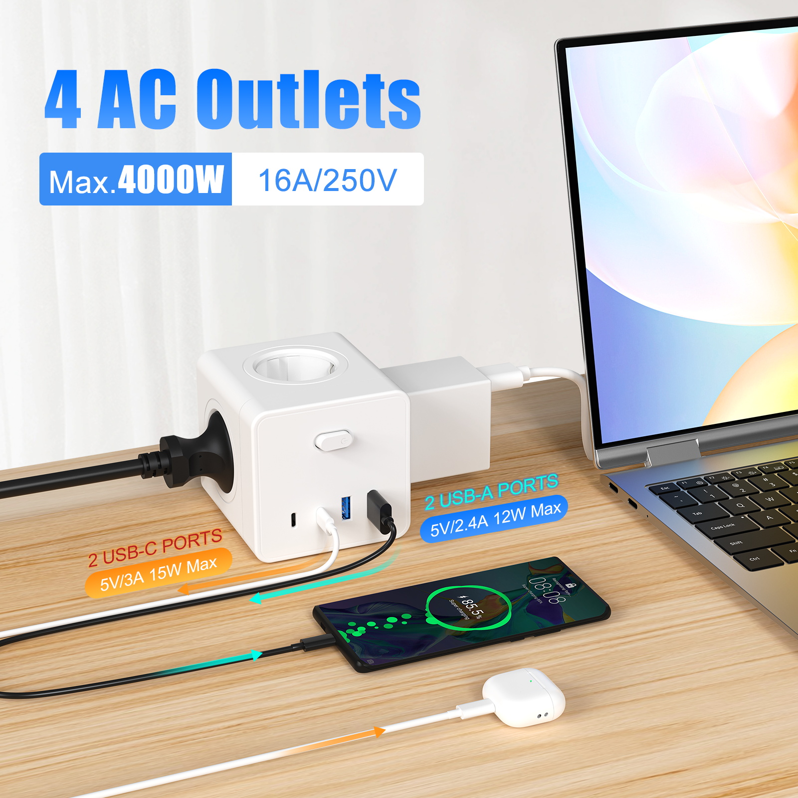 HITRENDS 8-in-1 Cube Socket, 3 - Power Strip Flat recensie en prijs